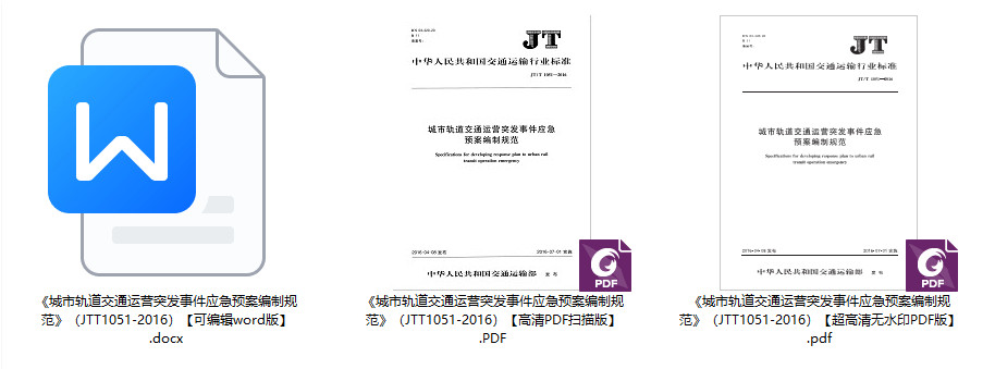 《城市轨道交通运营突发事件应急预案编制规范》（JT/T1051-2016）【全文附高清无水印PDF+可编辑Word版下载】1