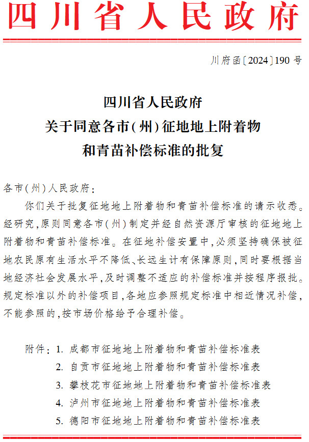 川府函〔2024〕190号《四川省人民政府关于同意各市（州）征地地上附着物和青苗补偿标准的批复》【PDF版下载】