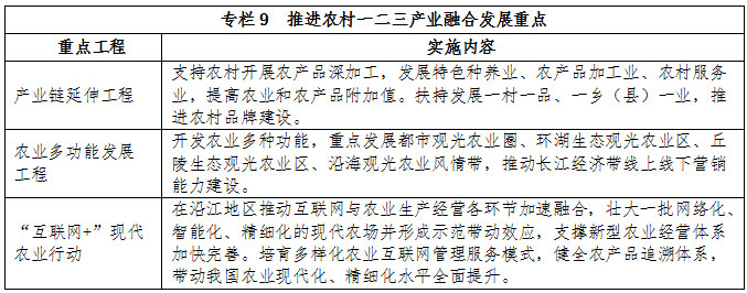 专栏9  推进农村一二三产业融合发展重点