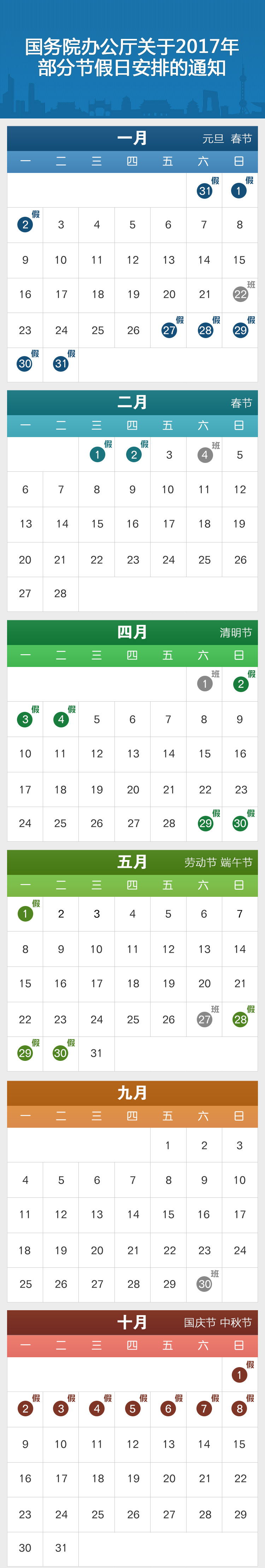 国办发明电〔2016〕17号《国务院办公厅关于2017年部分节假日安排的通知》【附日历图示】